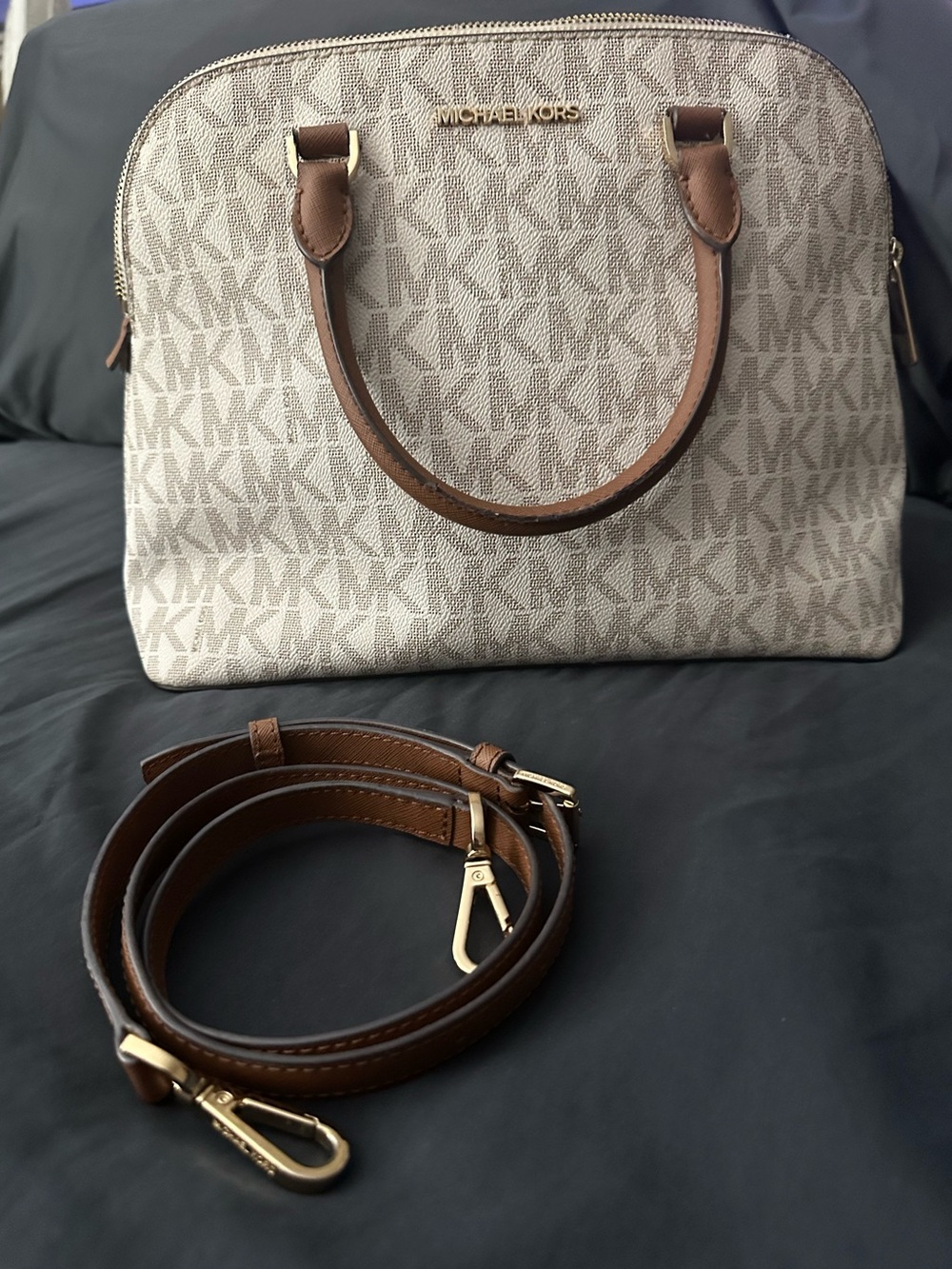 Michael Kors Signature Canvas Satchel in Beige with Brown Trim